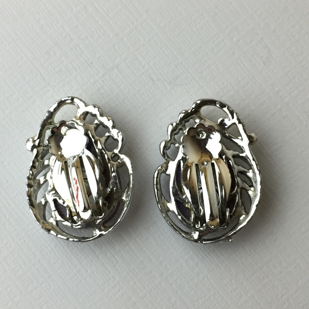 Vintage Purple Teardrop Silver Clip On Earrings - Picture 3 of 8